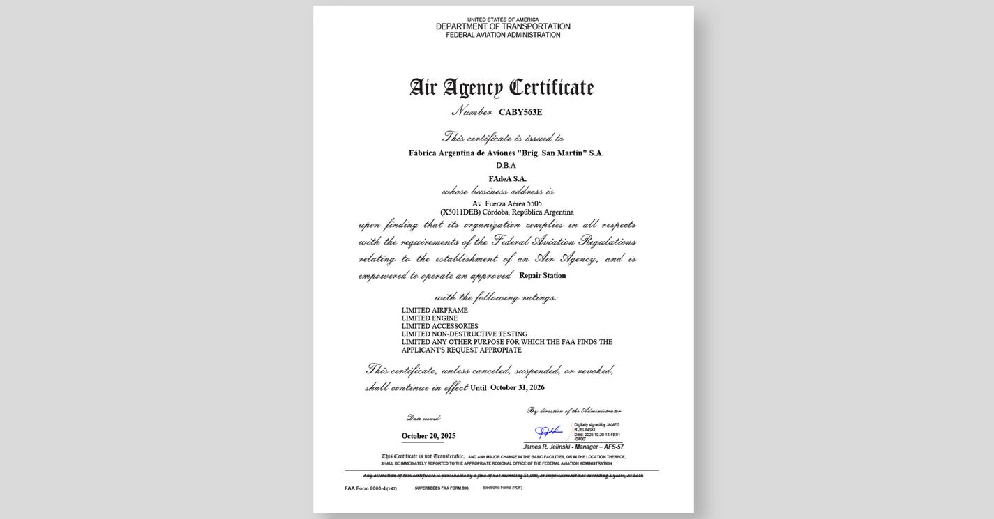 FAdeA fue autorizada por EE.UU. para la reparación de aviones